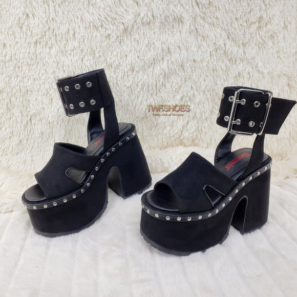 Camel 102 Stacked Black Velvet Platform Sandals Goth Punk Demonia Emo - Picture 10 of 10